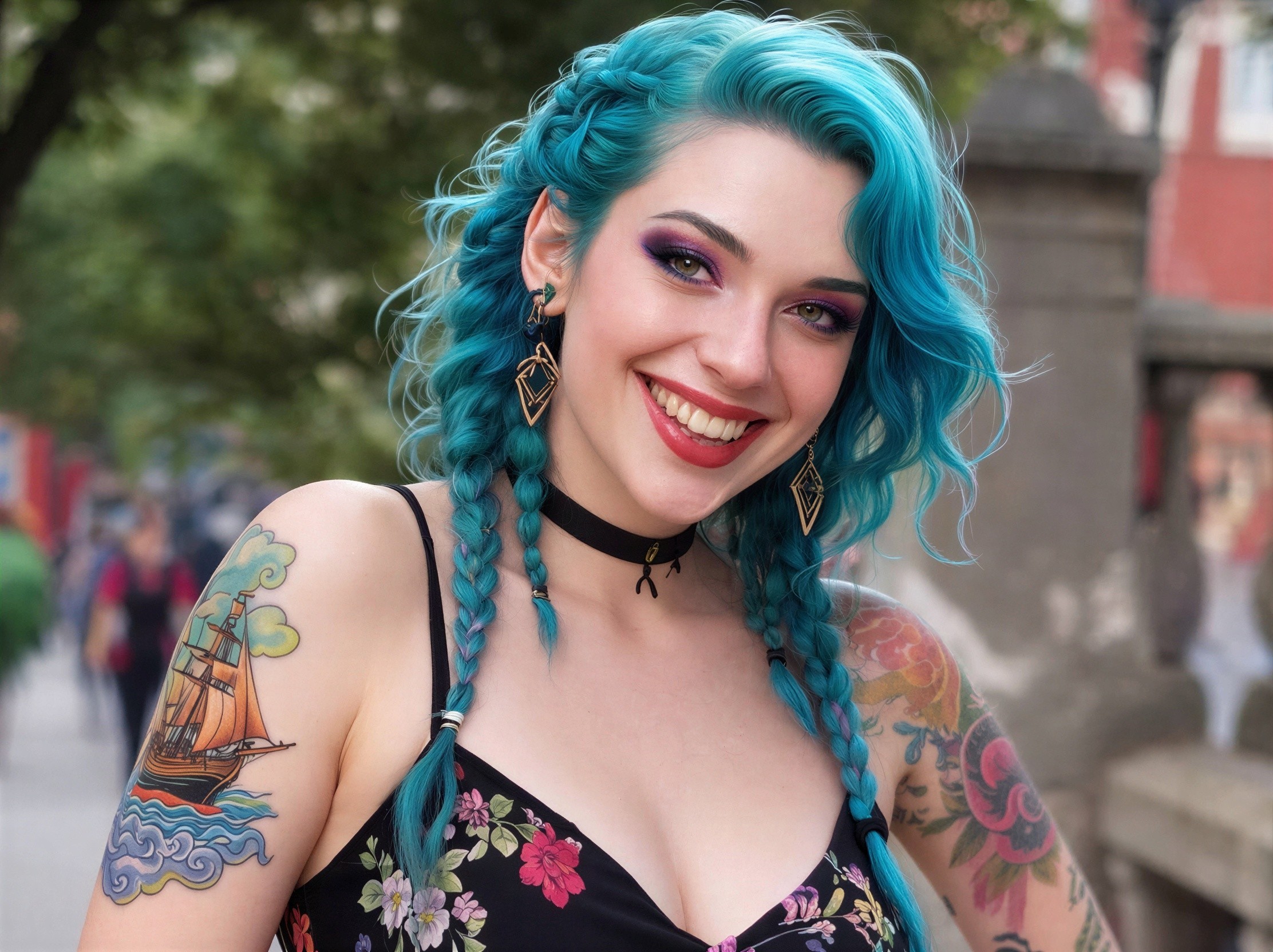 Smiling woman with blue hair and colorful tattoos outdoors