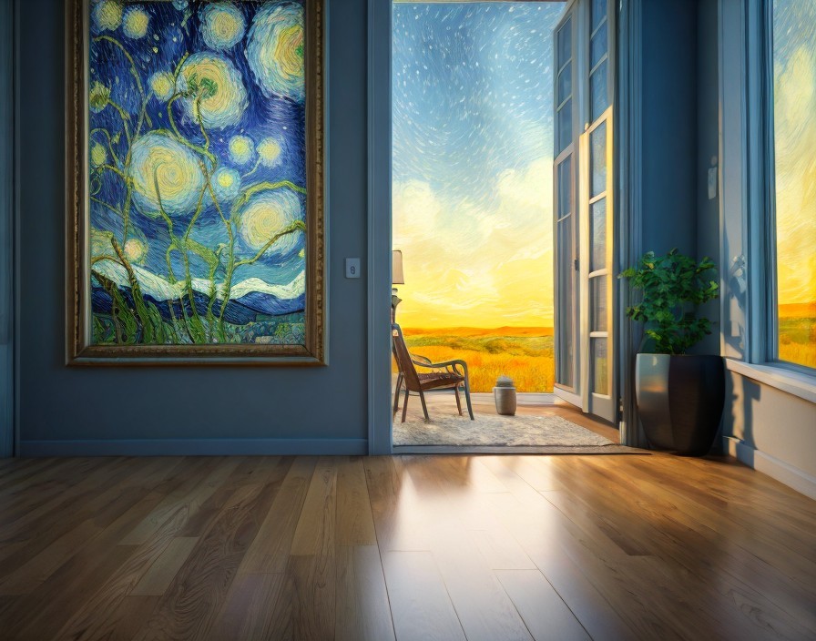 Cozy Interior with Sunset View and Classic Painting