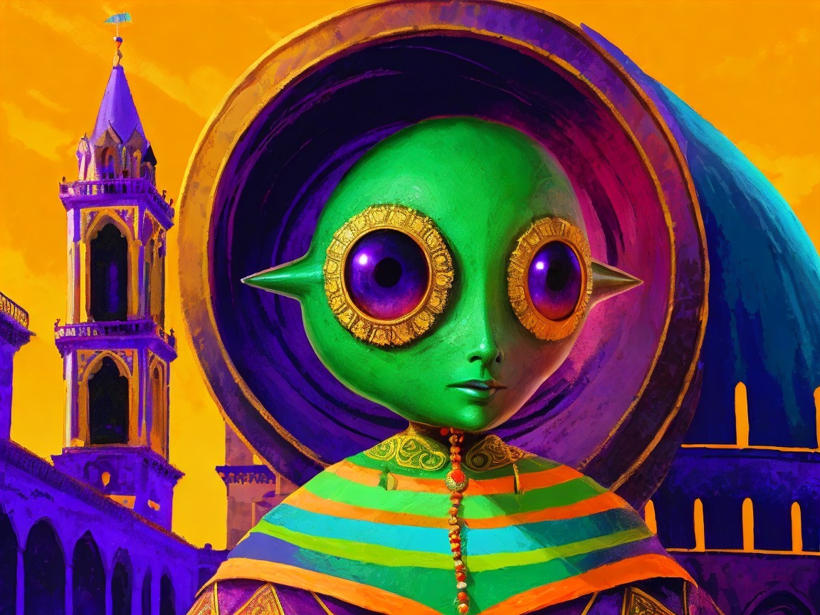 Whimsical Character with Green Skin in Colorful Setting