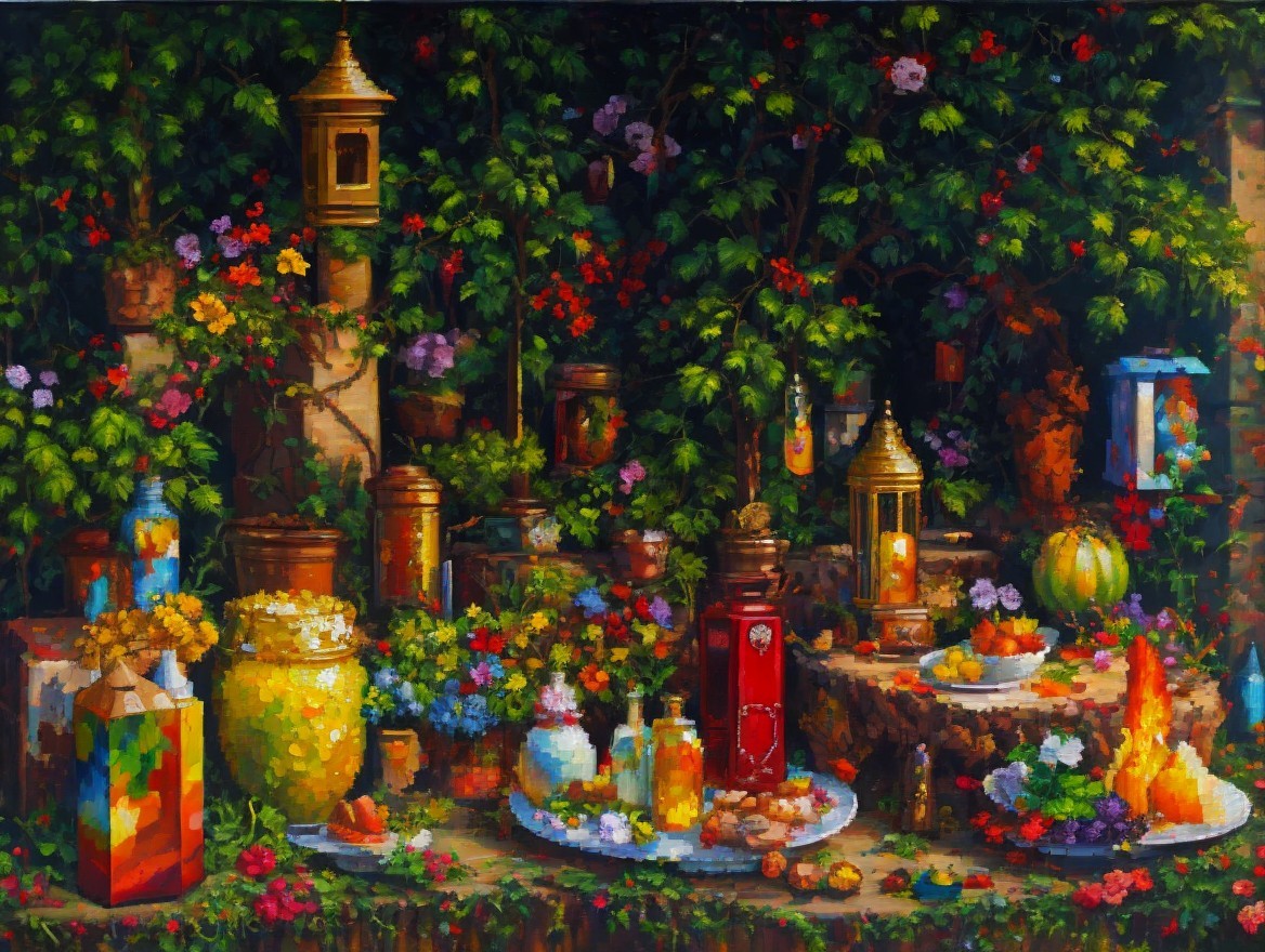 Vibrant Still Life with Colorful Jars and Lanterns