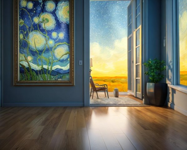 Cozy Interior with Sunset View and Classic Painting