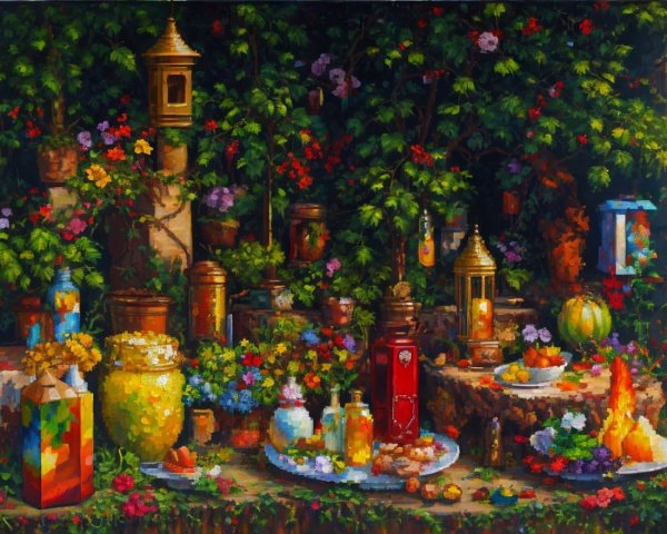 Vibrant Still Life with Colorful Jars and Lanterns