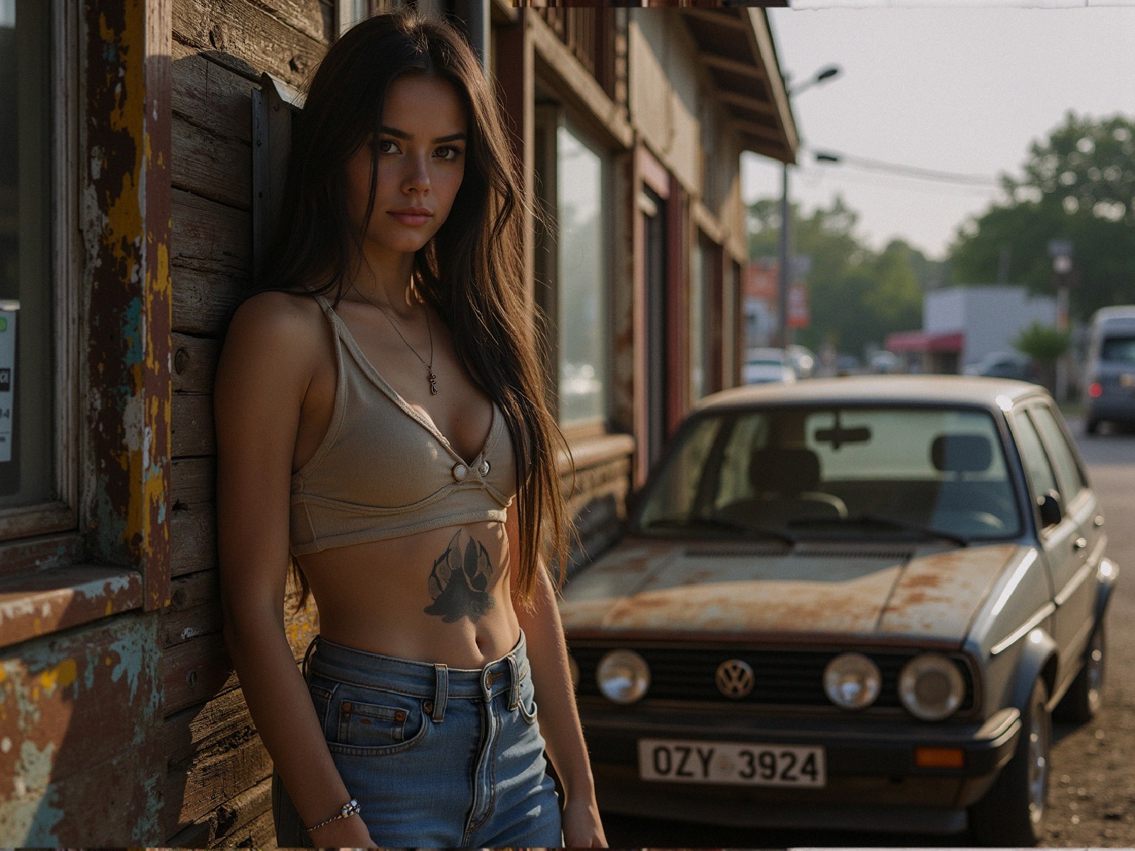 Young woman in crop top by vintage Volkswagen car
