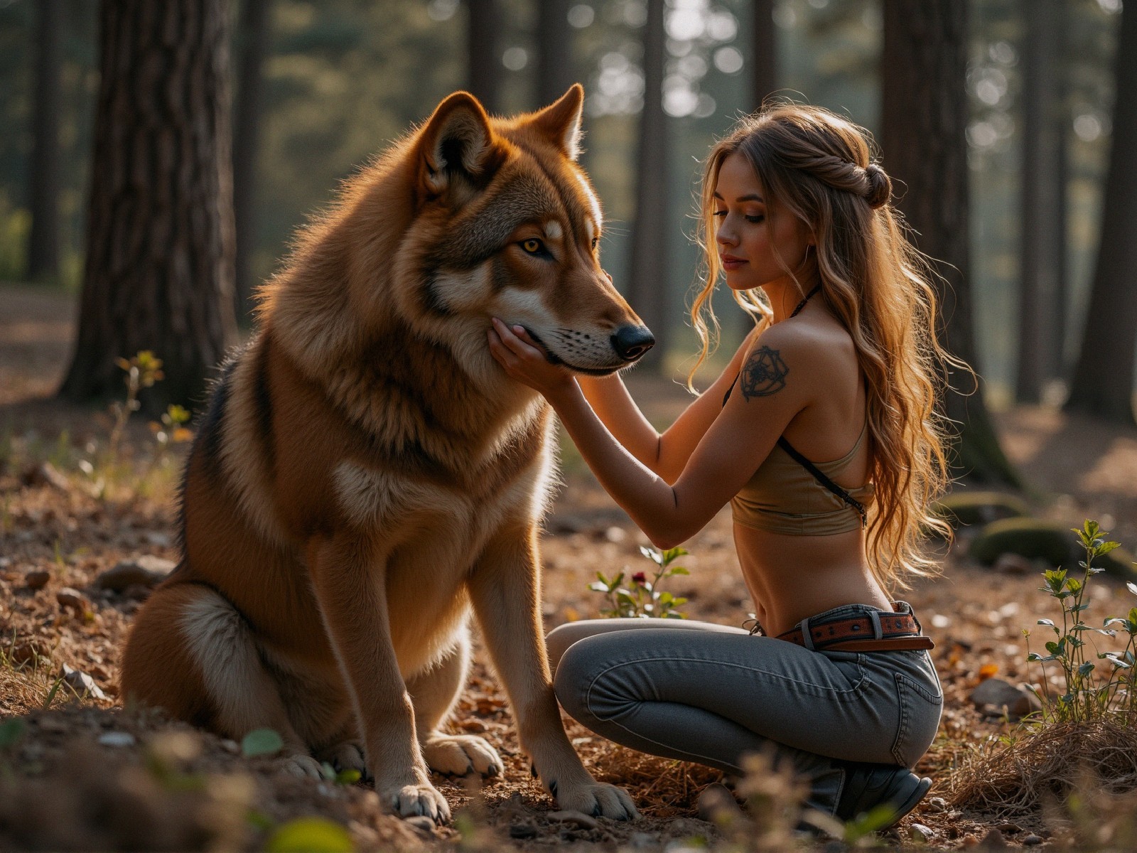 Young Woman and Wolf in Serene Forest Setting
