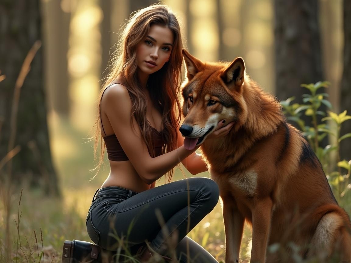 Young Woman and Wolf in Serene Forest Setting