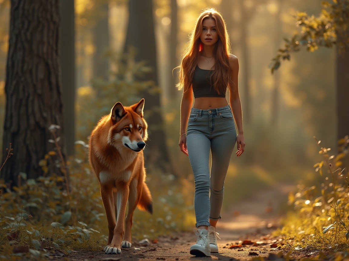 Young woman and wolf on sunlit forest path