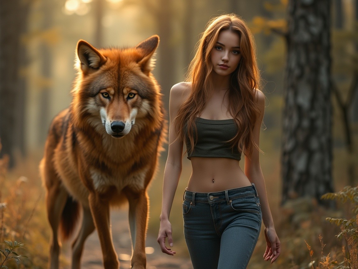 Young woman walks with wolf in serene woodland setting