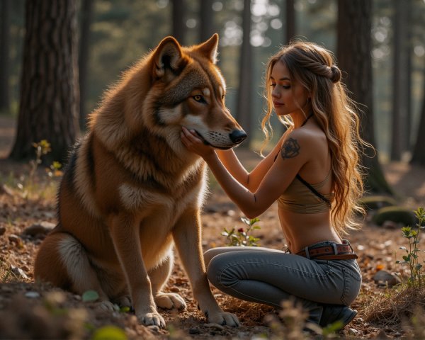 Young Woman and Wolf in Serene Forest Setting