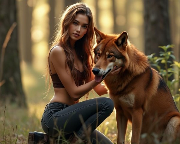 Young Woman and Wolf in Serene Forest Setting
