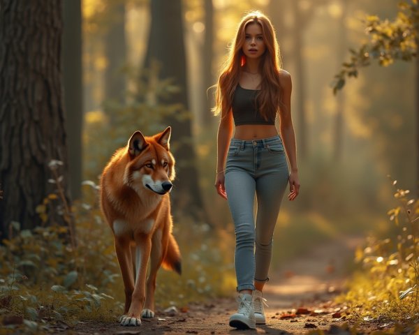 Young woman and wolf on sunlit forest path