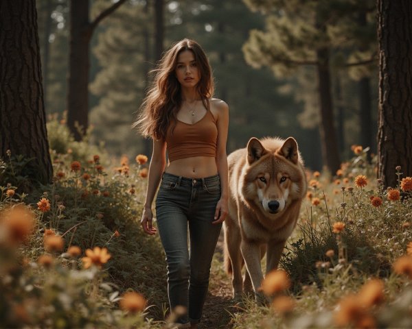 Young woman walks with a golden wolf in a forest