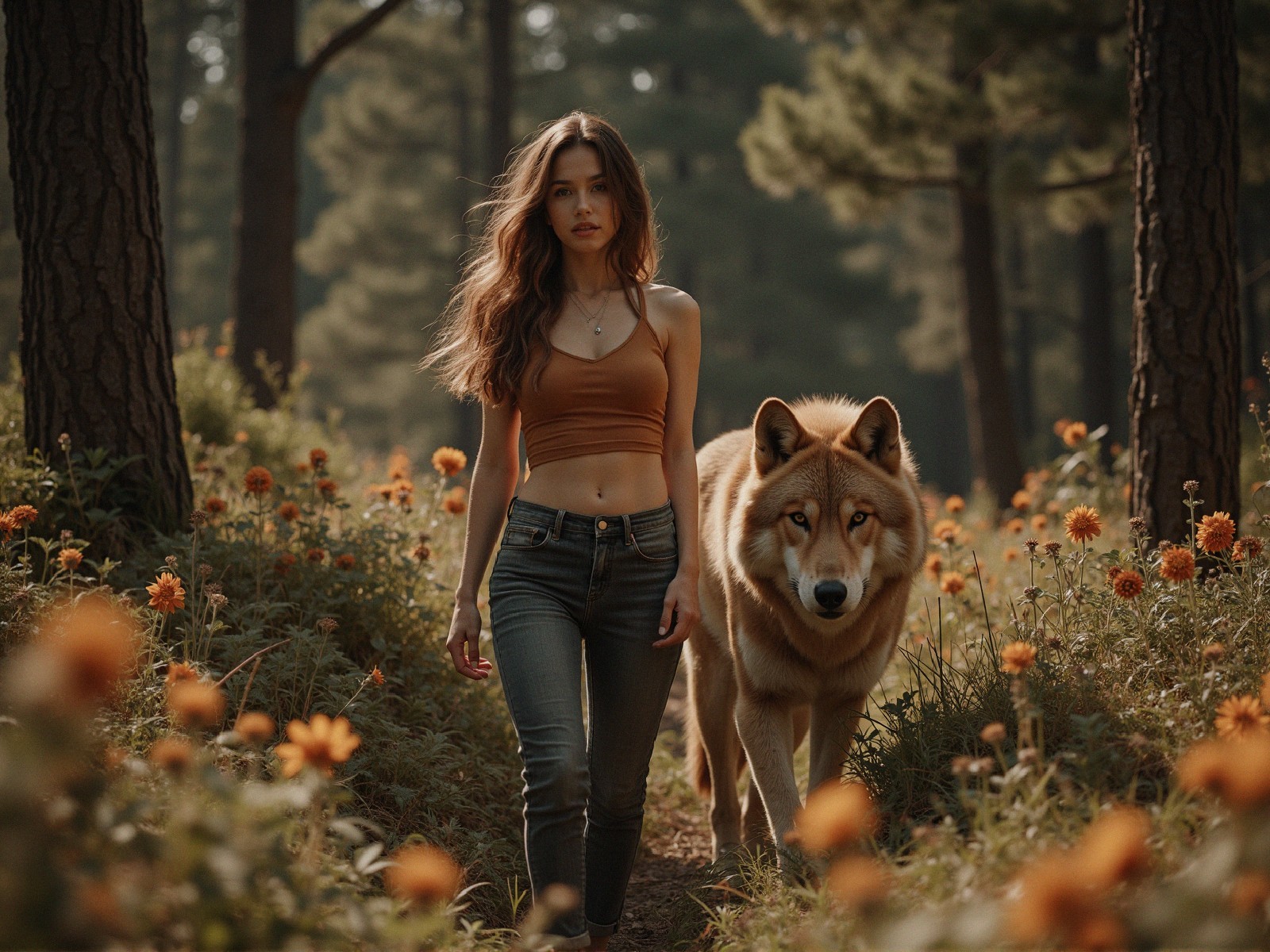 Young woman walks with a golden wolf in a forest