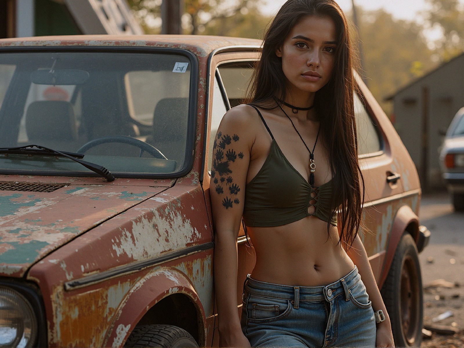 Young woman poses by an old rusty car in sunlight