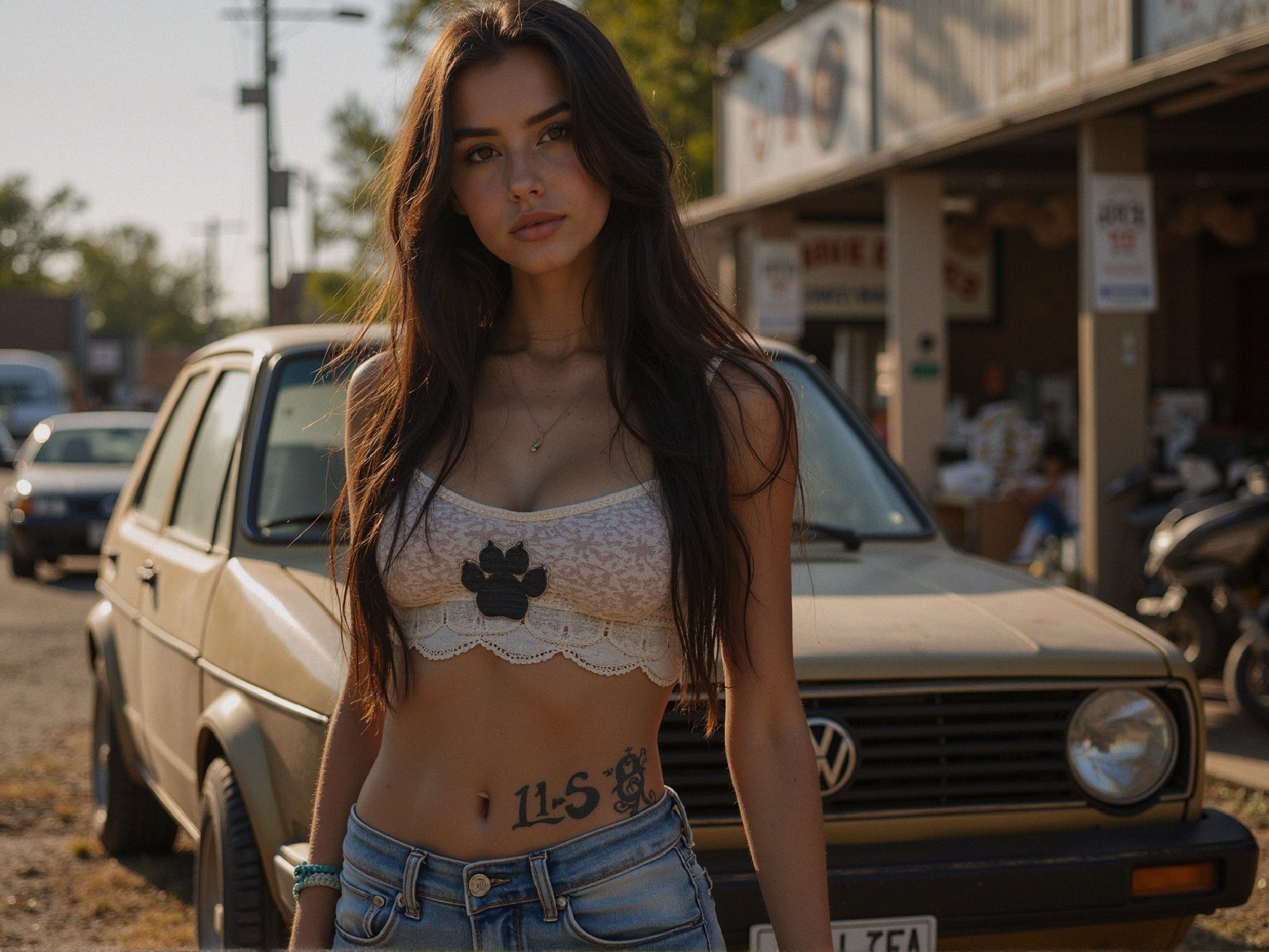 Young Woman Poses by Vintage Volkswagen Car
