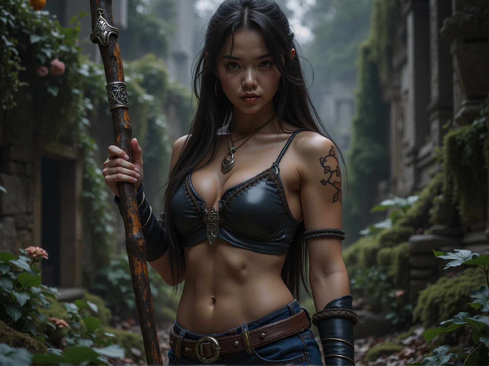 Young woman with staff in misty, lush ruins