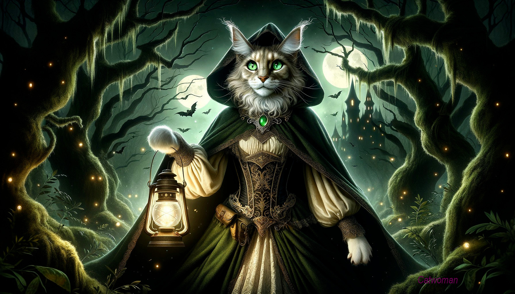 Regal Cat in Cloak with Lantern in Mystical Forest