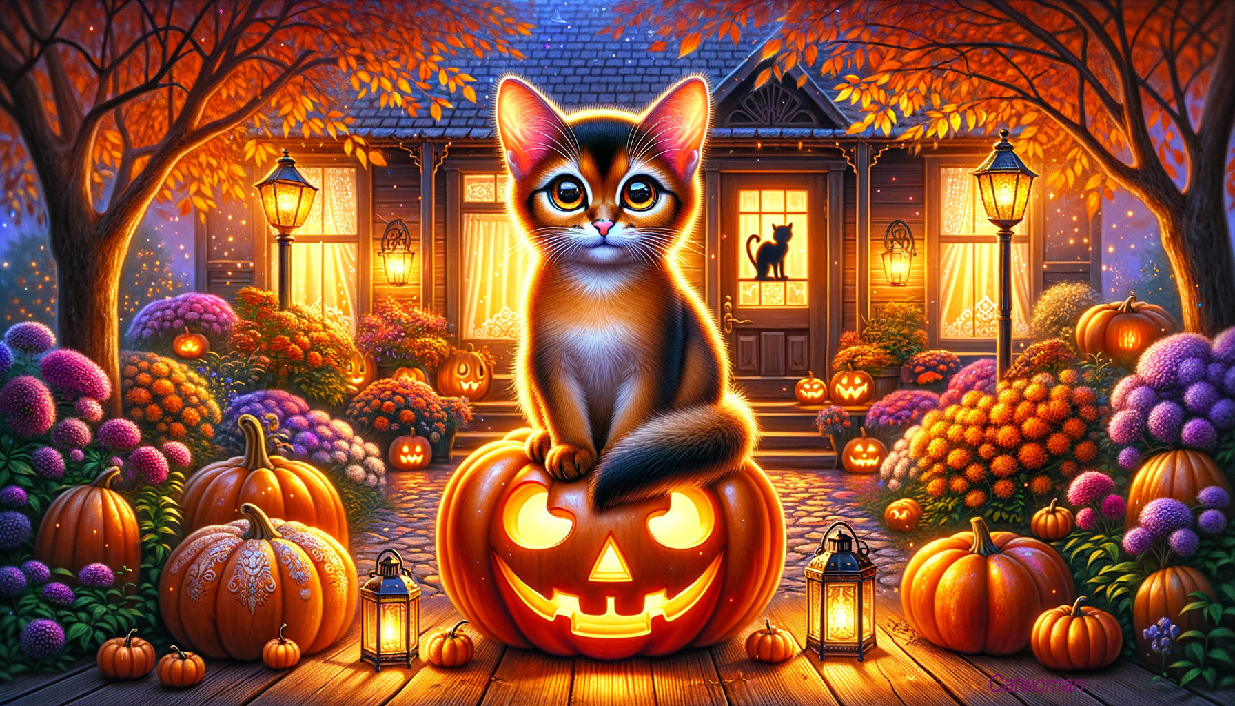 Charming Halloween Scene with Kitten and Pumpkins