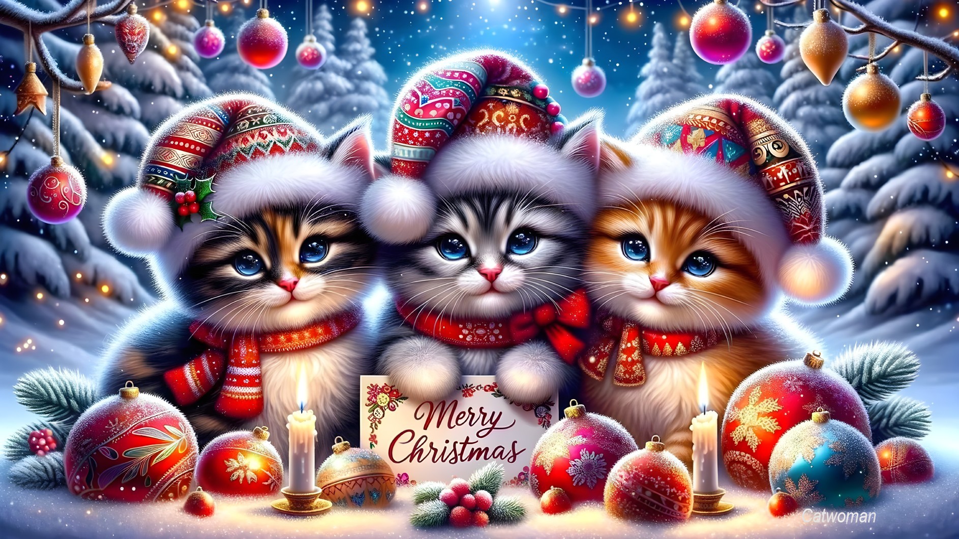 Three Kittens in Festive Hats in Christmas Setting