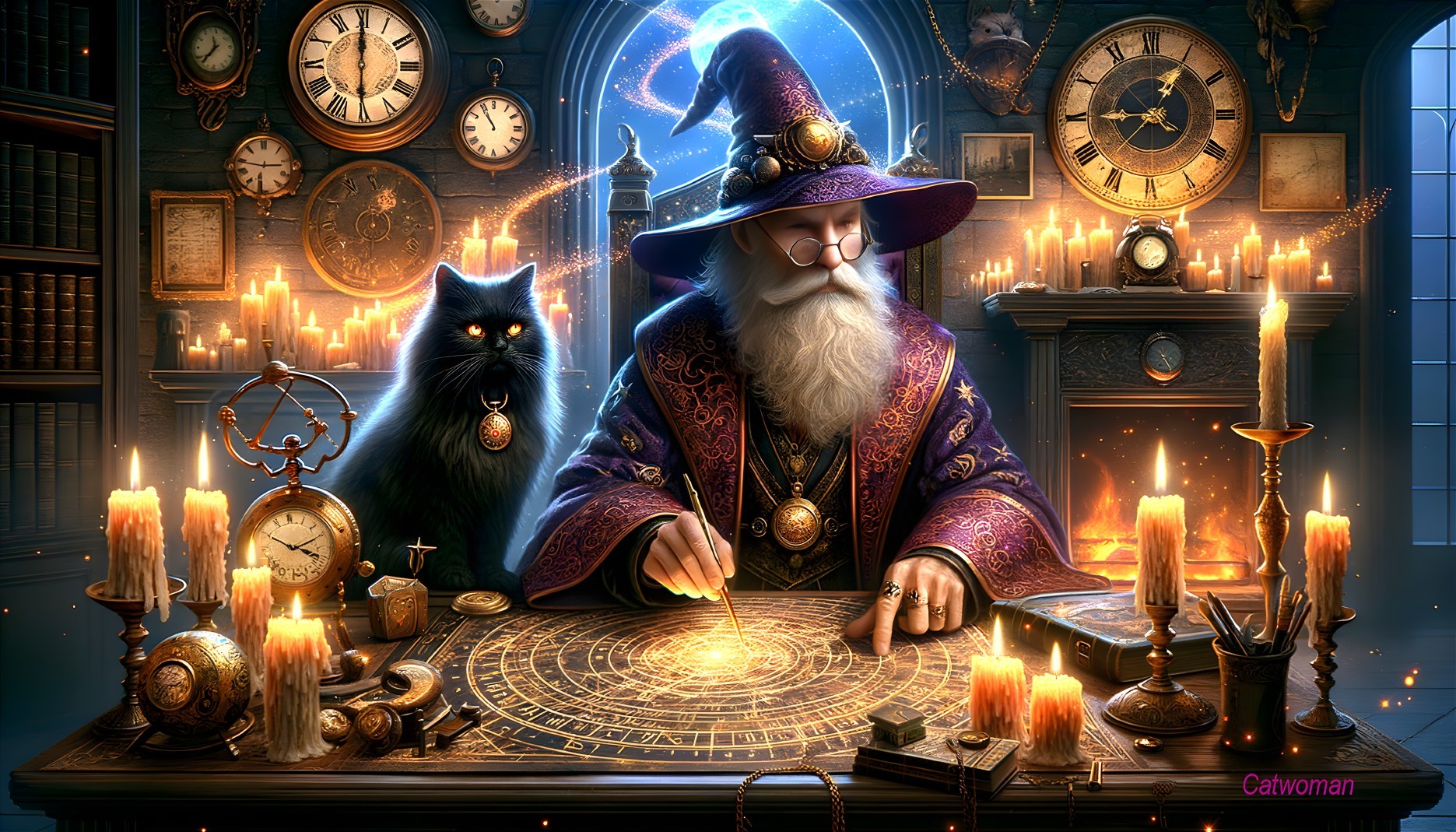 Wise Wizard at a Cluttered Desk with Mystical Elements