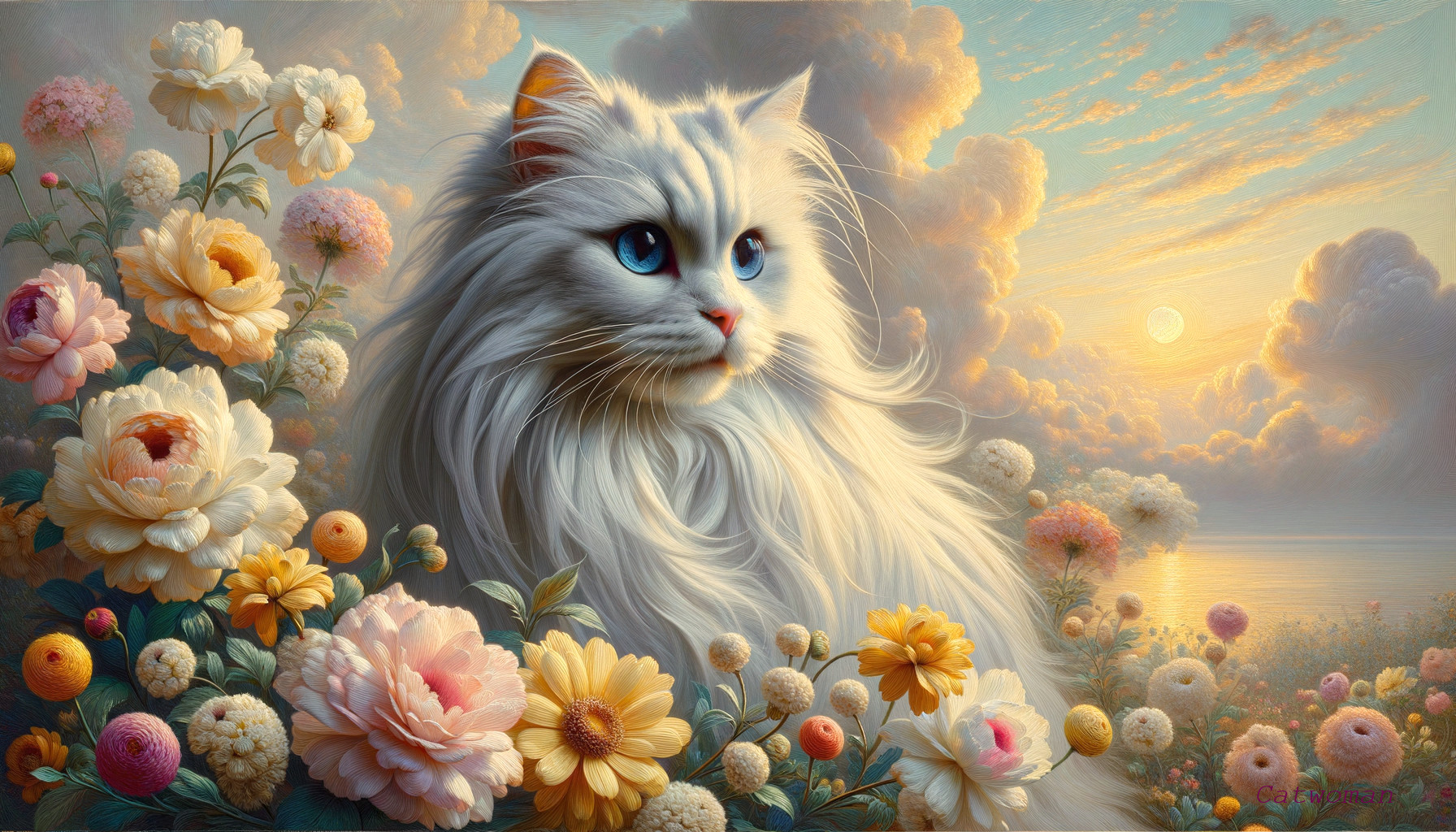 Majestic White Cat in Vibrant Flower Garden Scene