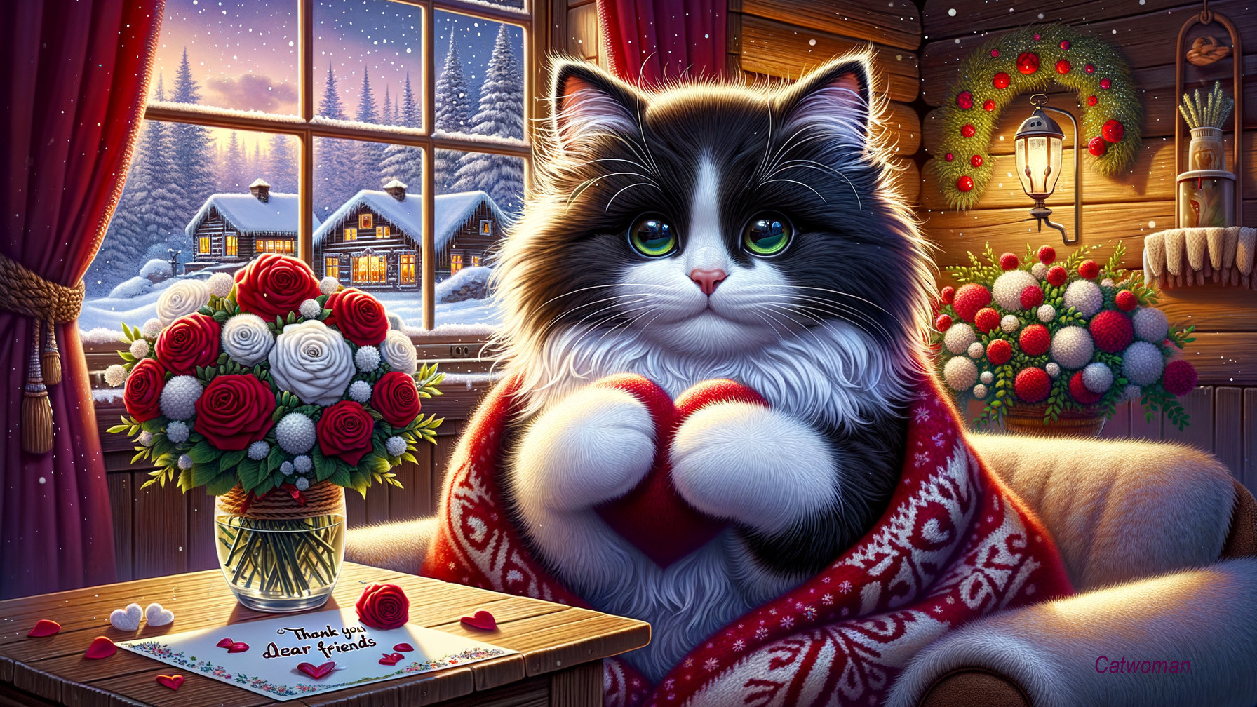 Fluffy Black and White Cat in Festive Holiday Setting