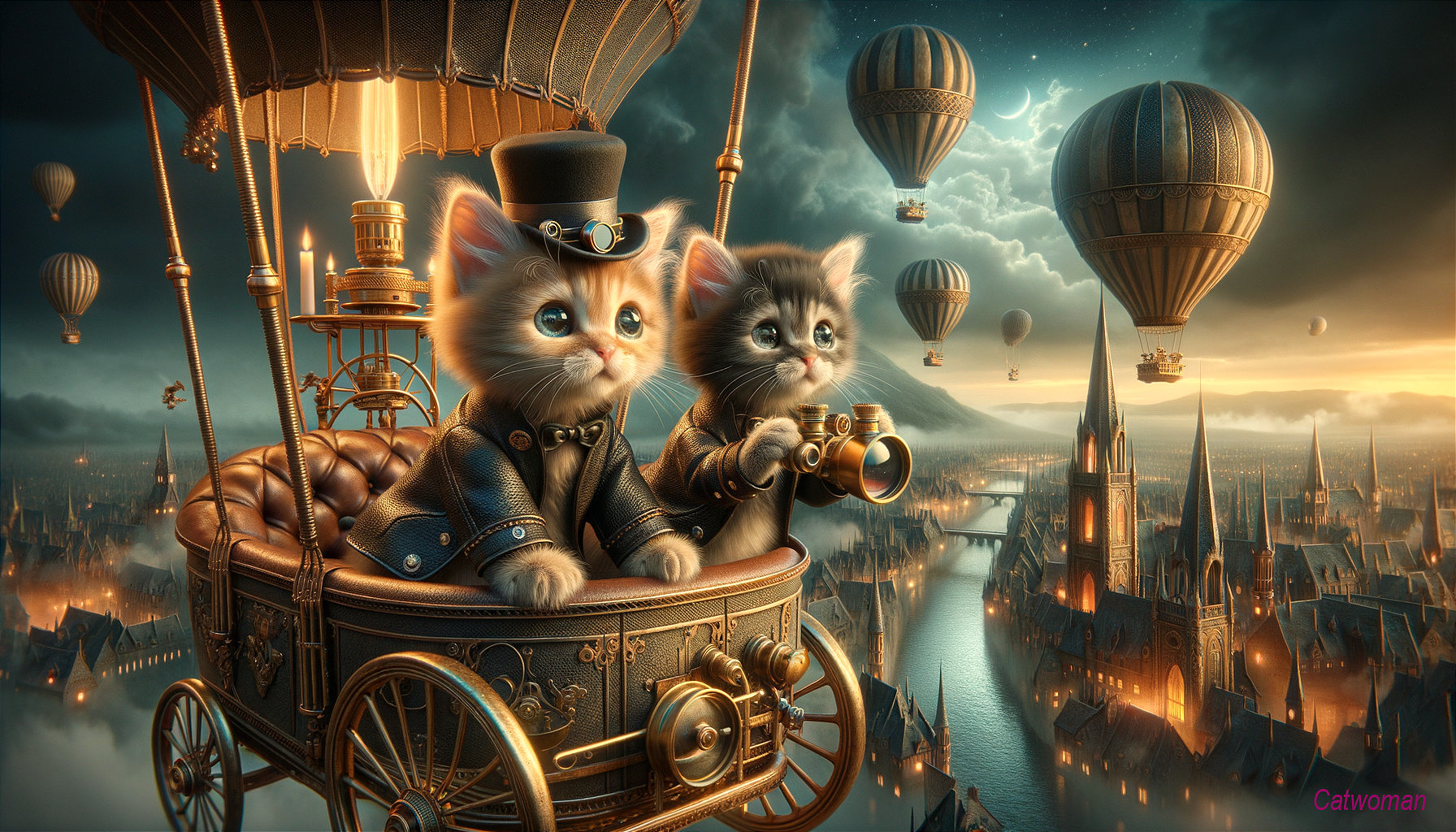 Kittens in Steampunk Outfits in a Hot Air Balloon