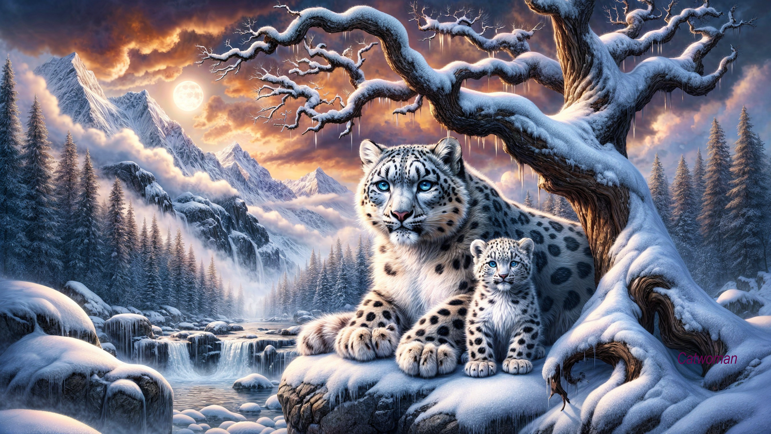 Snow Leopard and Cub in Serene Winter Landscape
