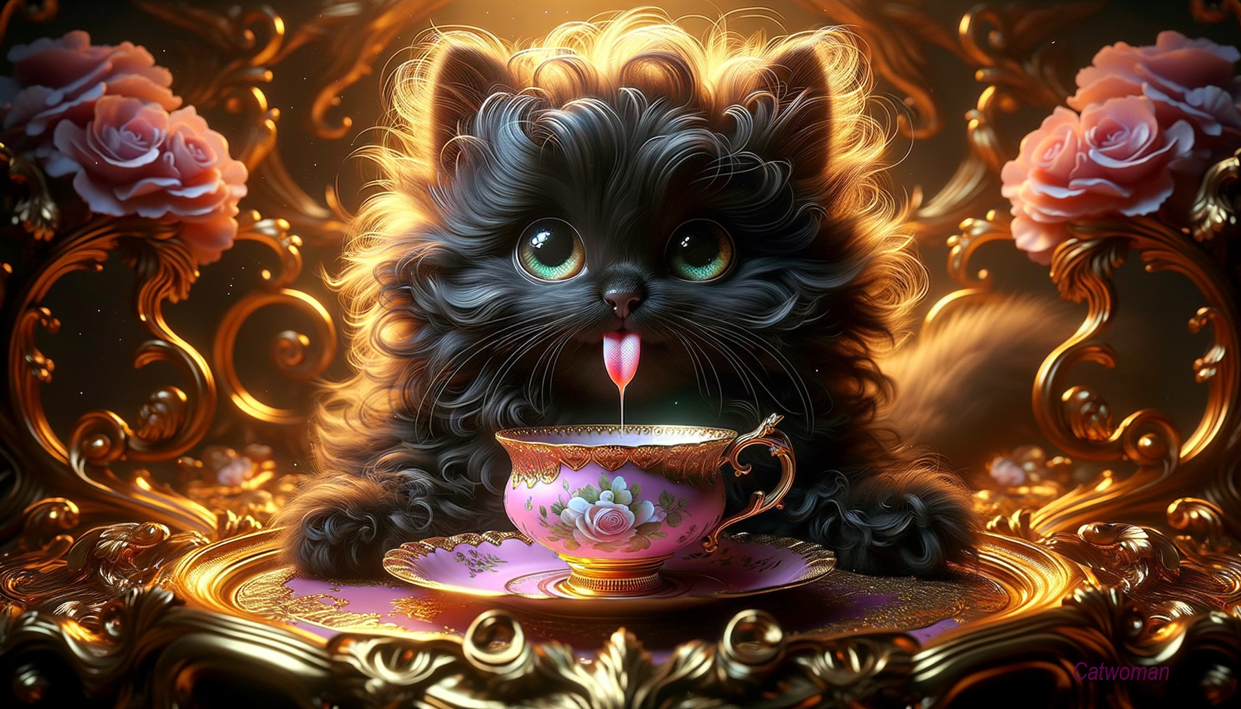 Fluffy Black Kitten Sipping from Floral Teacup