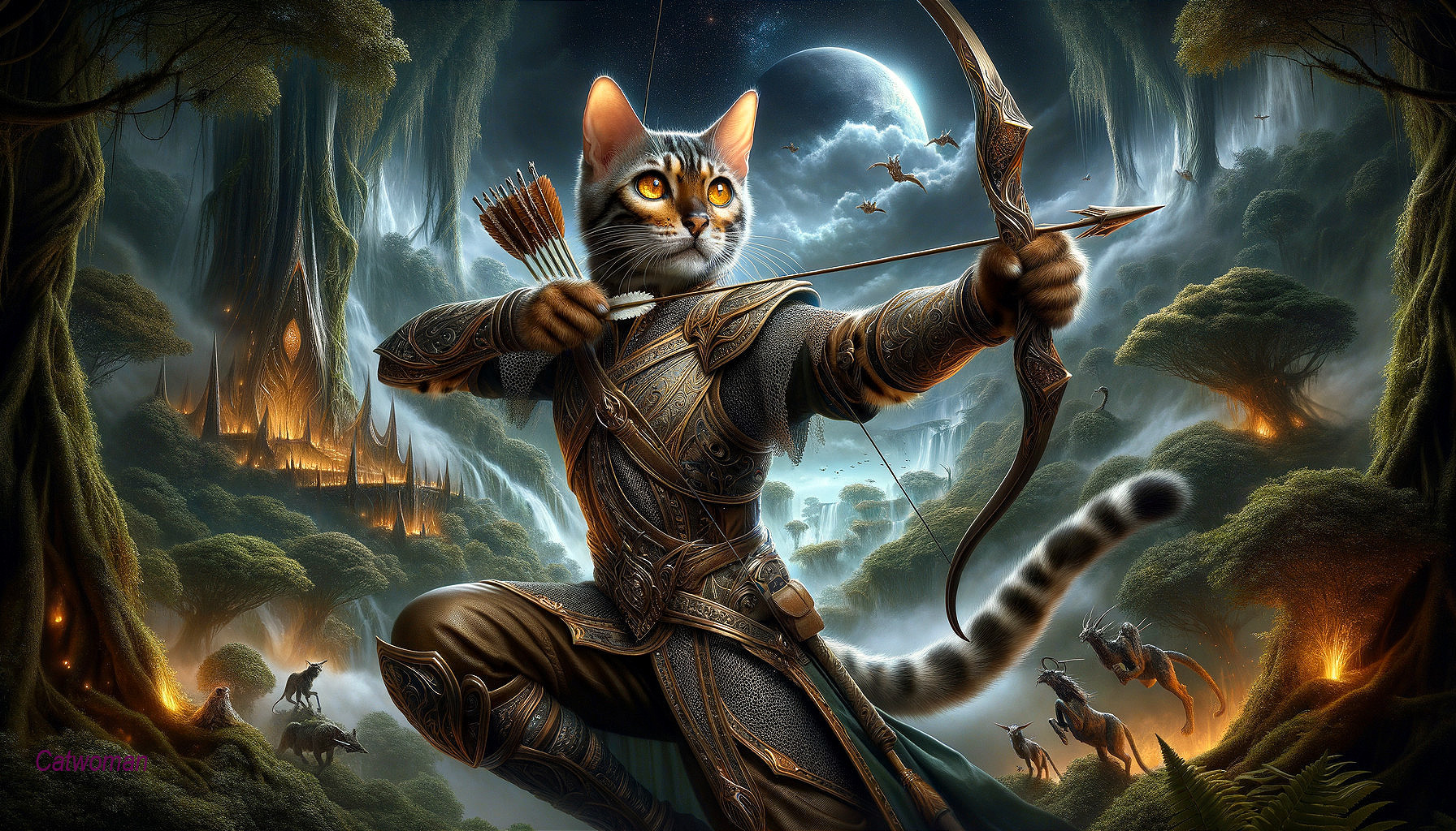 Anthropomorphic Cat Archer in Mystical Forest Scene