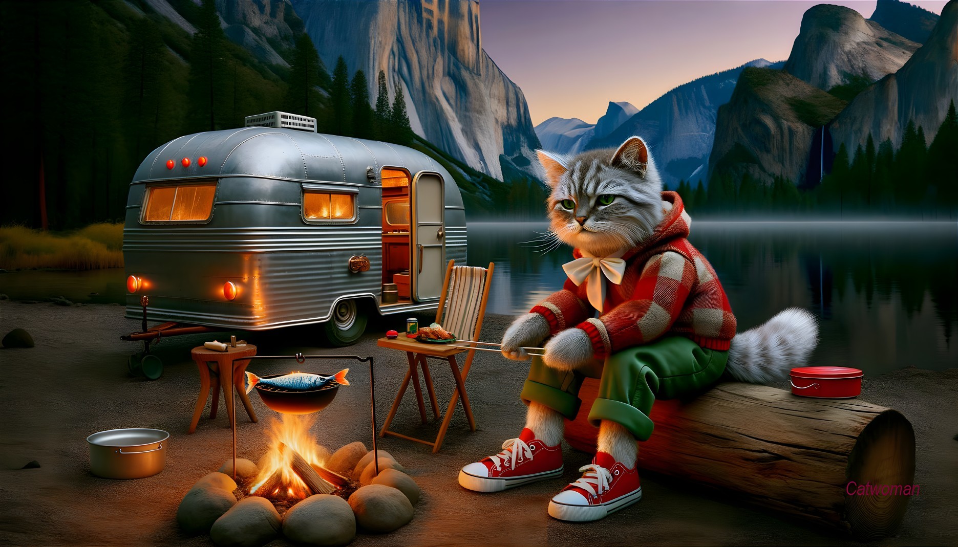 Cartoon Cat Fishing by Campfire in Scenic Landscape