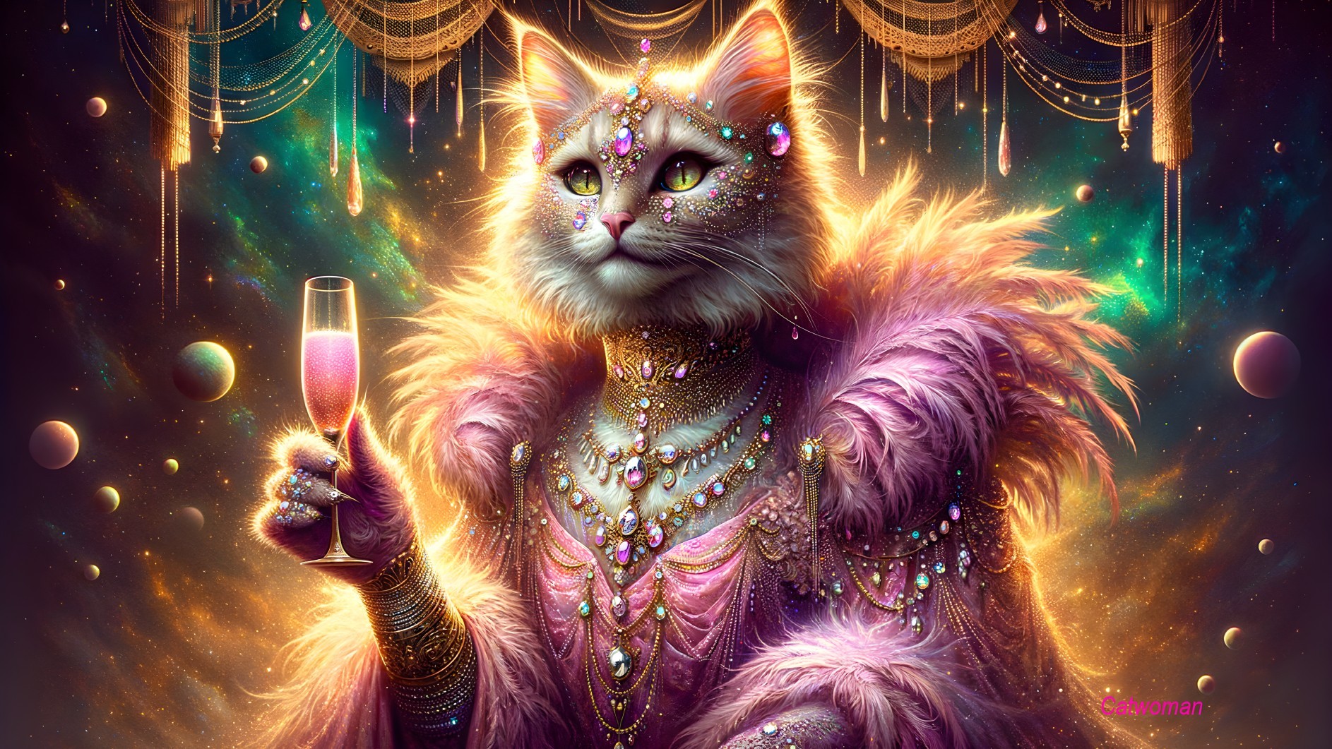 Majestic Cat in Jewelry Against Cosmic Background