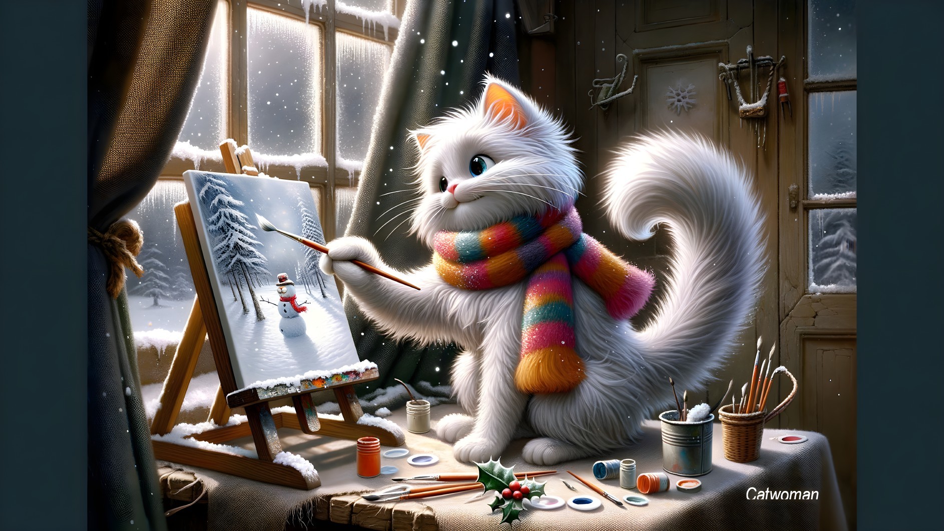 Fluffy Cat Painting a Snowy Landscape in Cozy Room