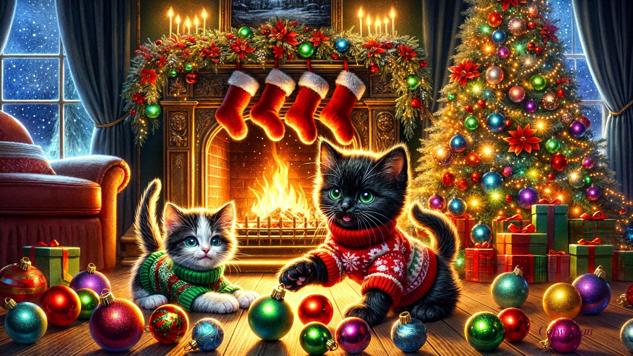 Kittens Playing in a Festive Living Room Setting