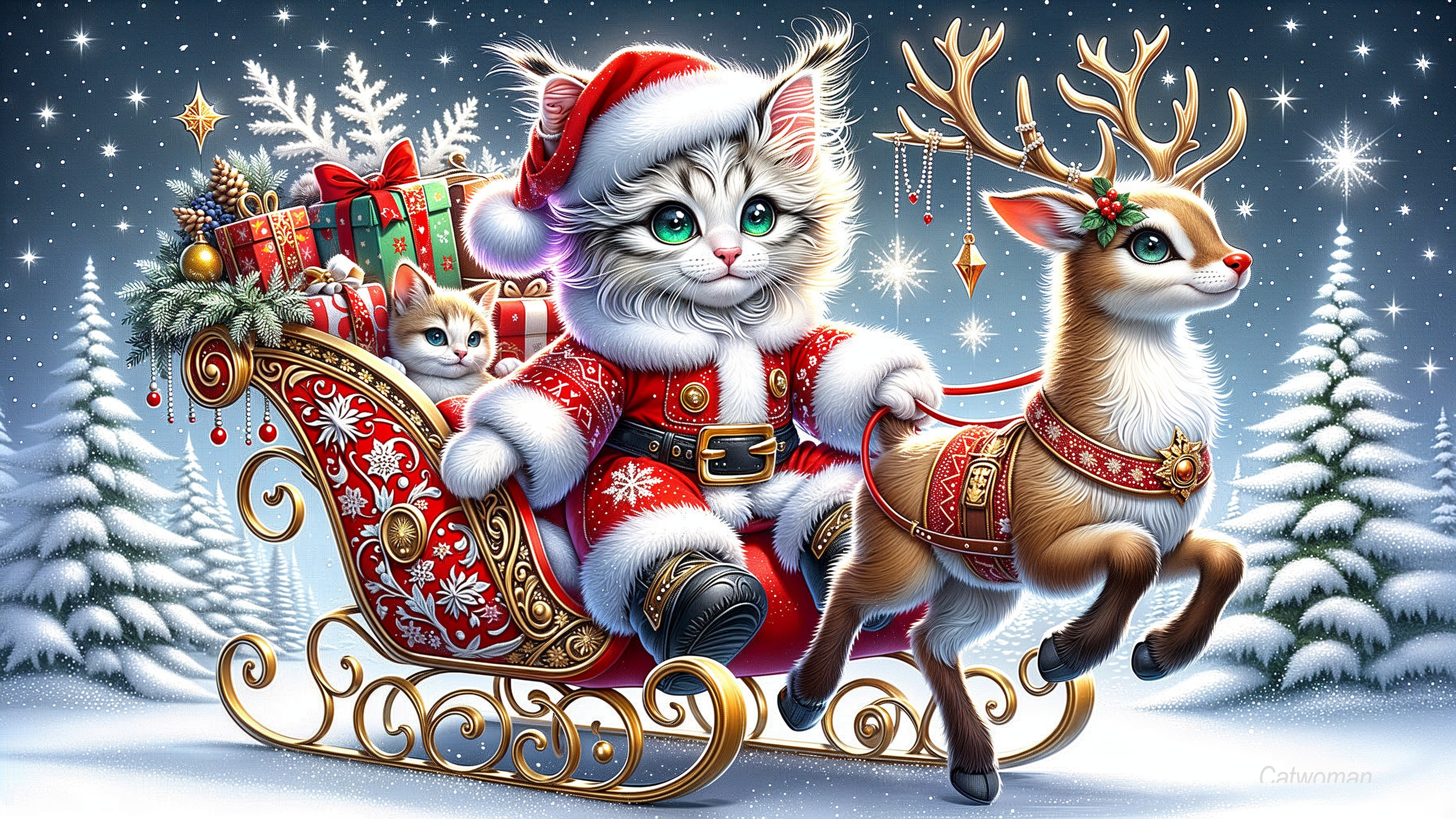 Whimsical Holiday Scene with Kitten and Sleigh