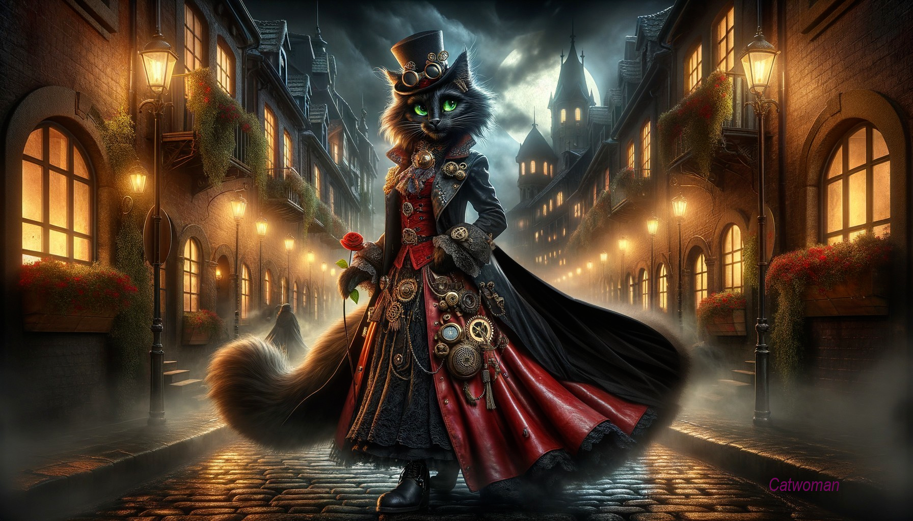 Victorian Feline Figure in Dimly Lit Street Scene