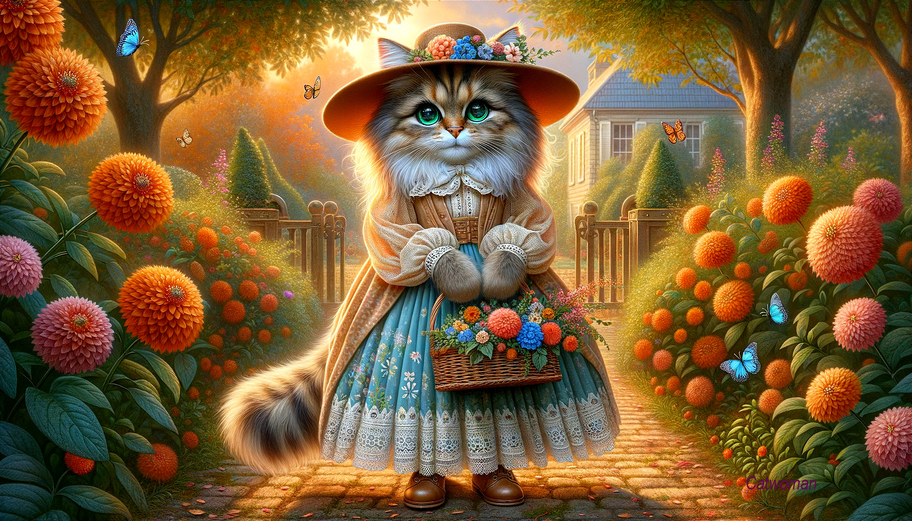 Whimsical Cat in a Flower-Filled Garden Scene