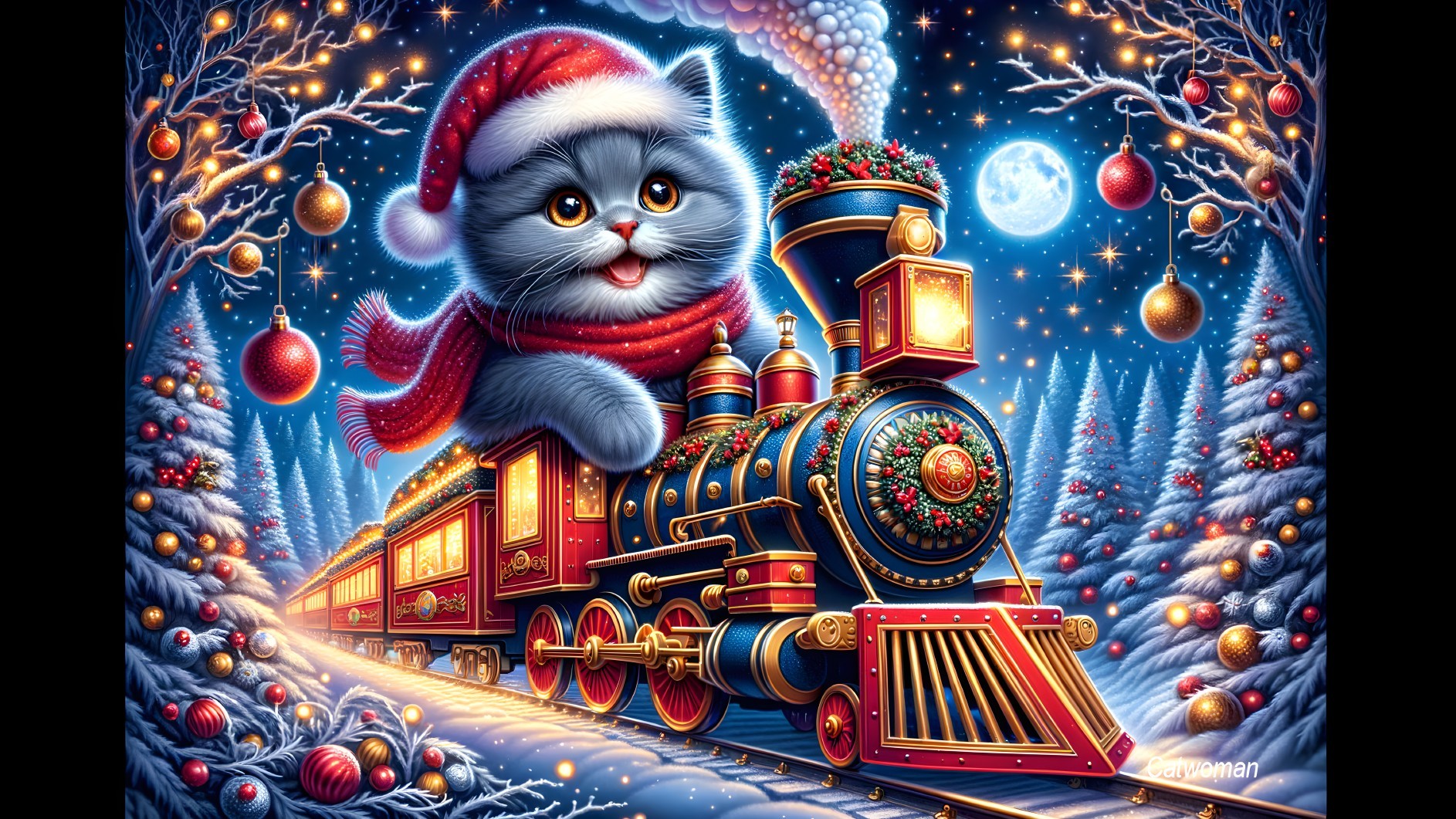 Whimsical Gray Cat on Vintage Train in Snowy Scene
