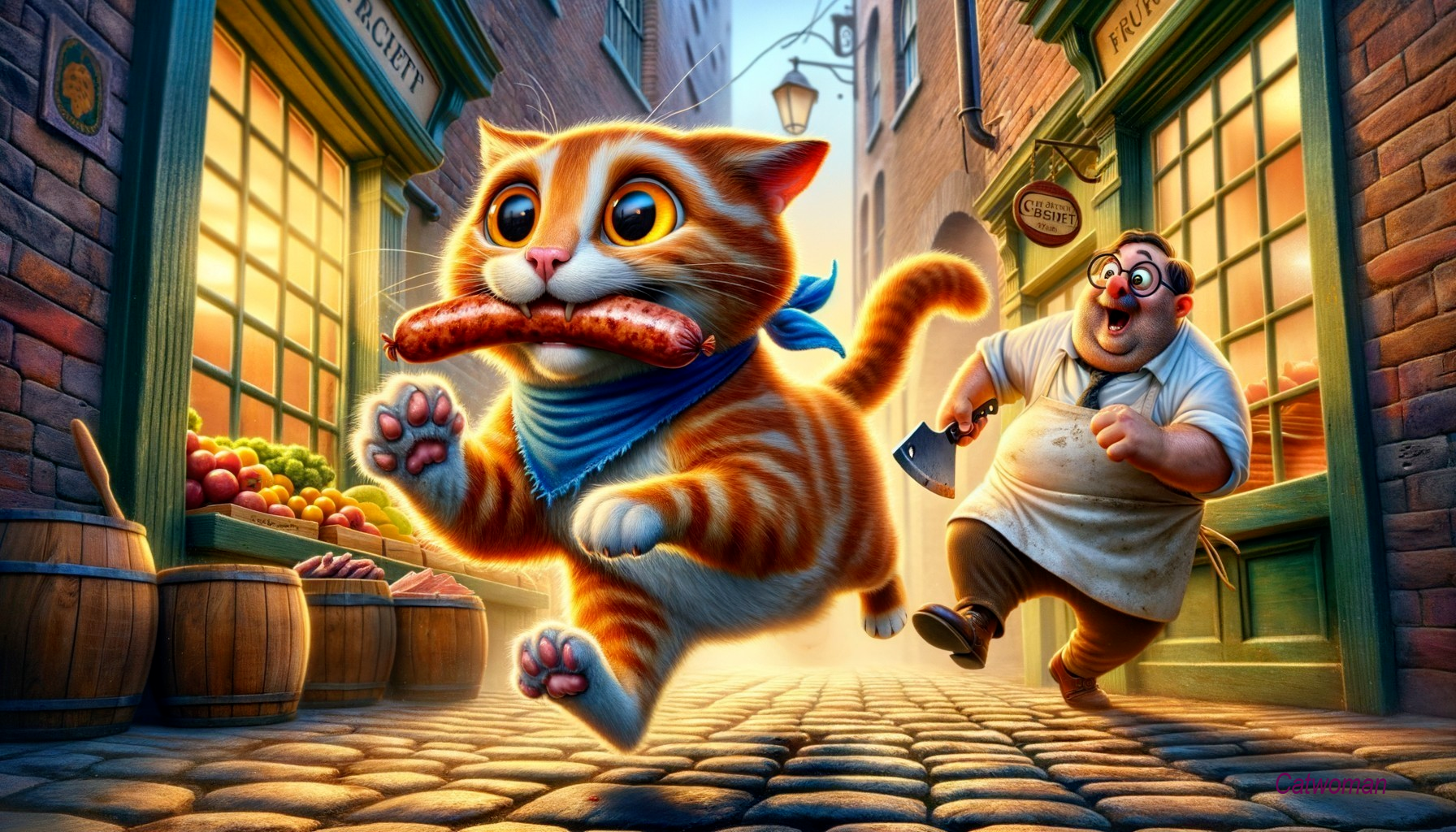 Playful Orange Cat with Sausage in Vibrant Street Scene
