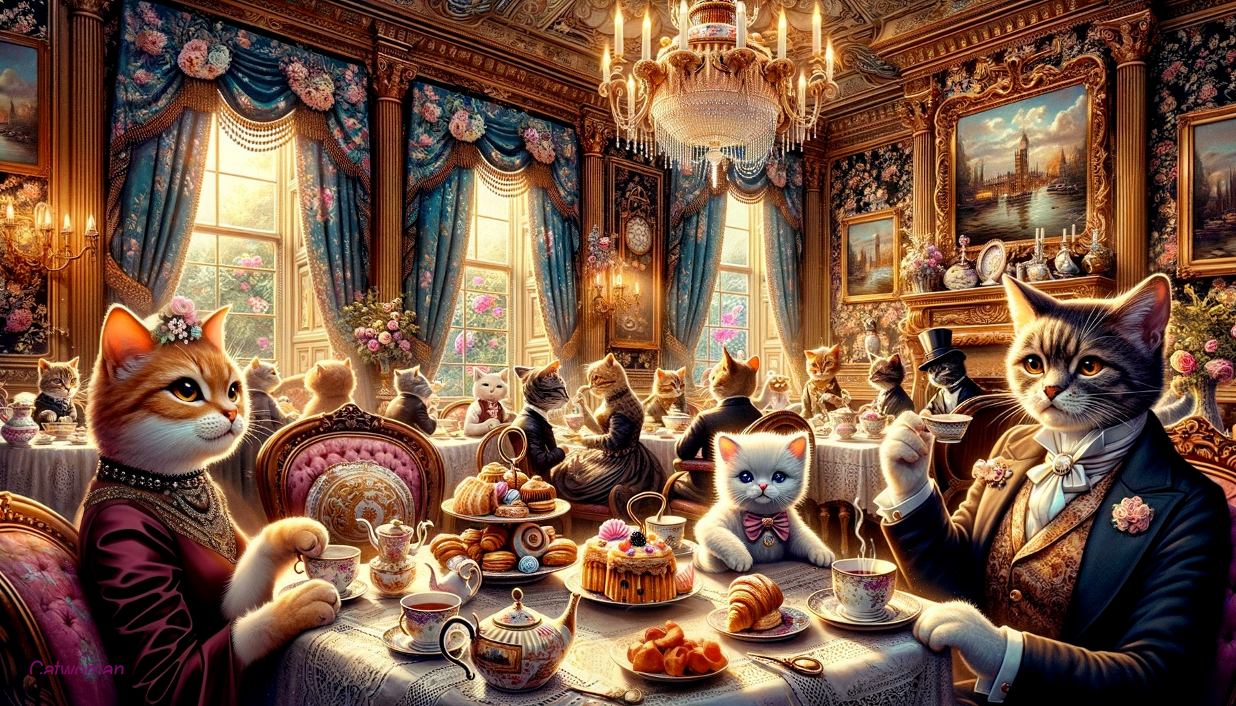 Elegant Cats at a Lavish Afternoon Tea Gathering