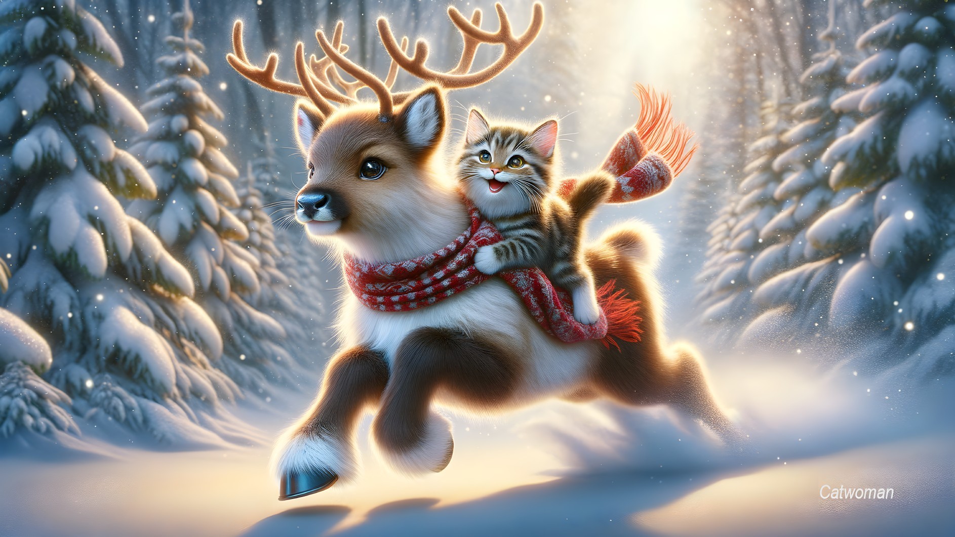 Reindeer and Kitten in a Snowy Forest Scene