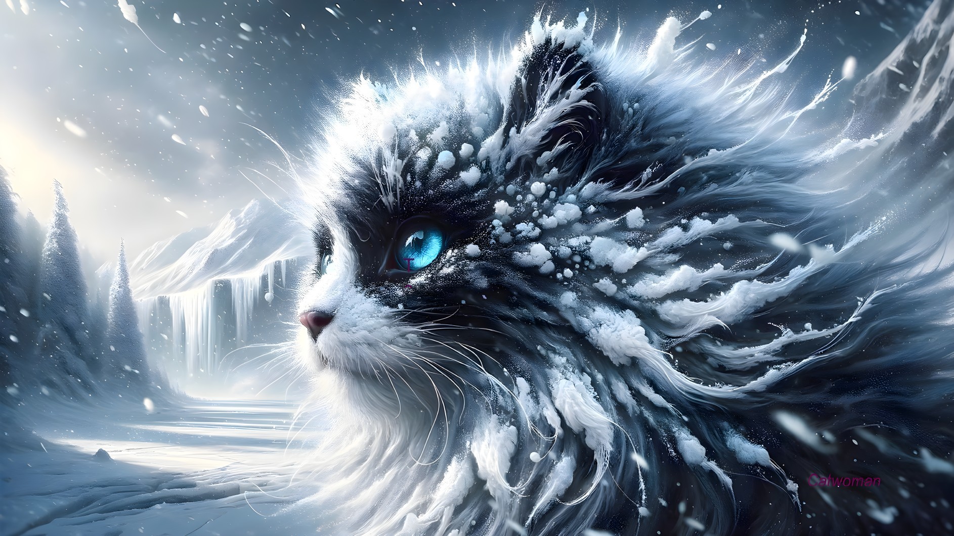 Fluffy Ice Cat in Serene Winter Wonderland Scene