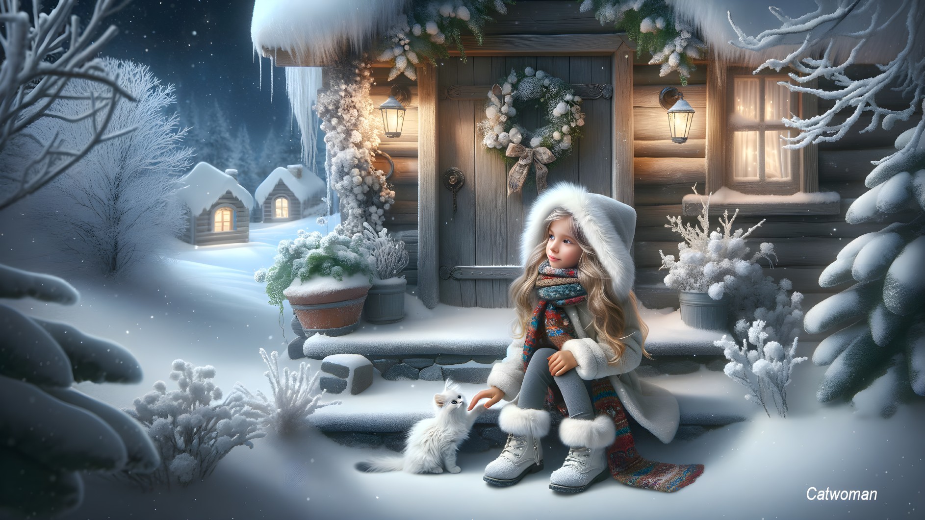 Winter Scene of a Woman with Cat by a Cabin