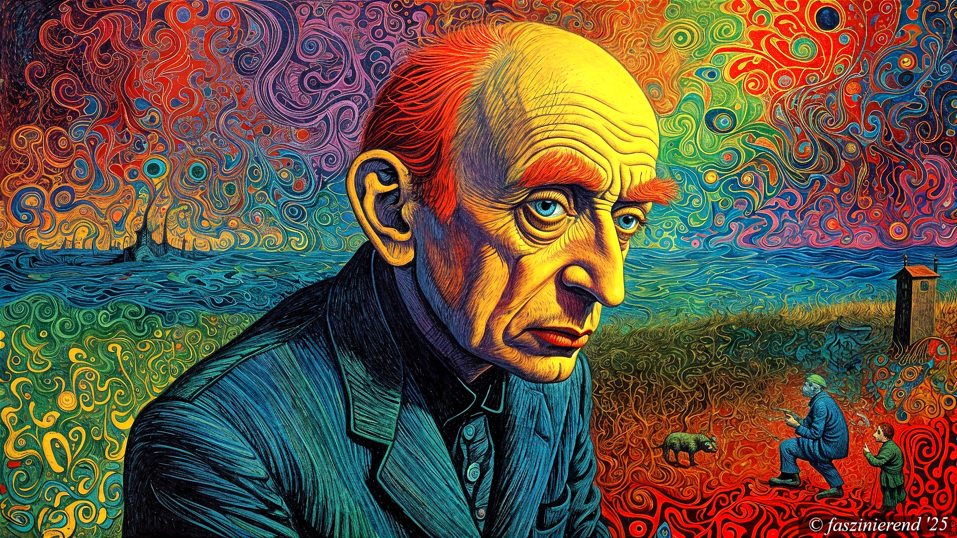 Stylized Portrait of Somber Man in Dreamlike Scene