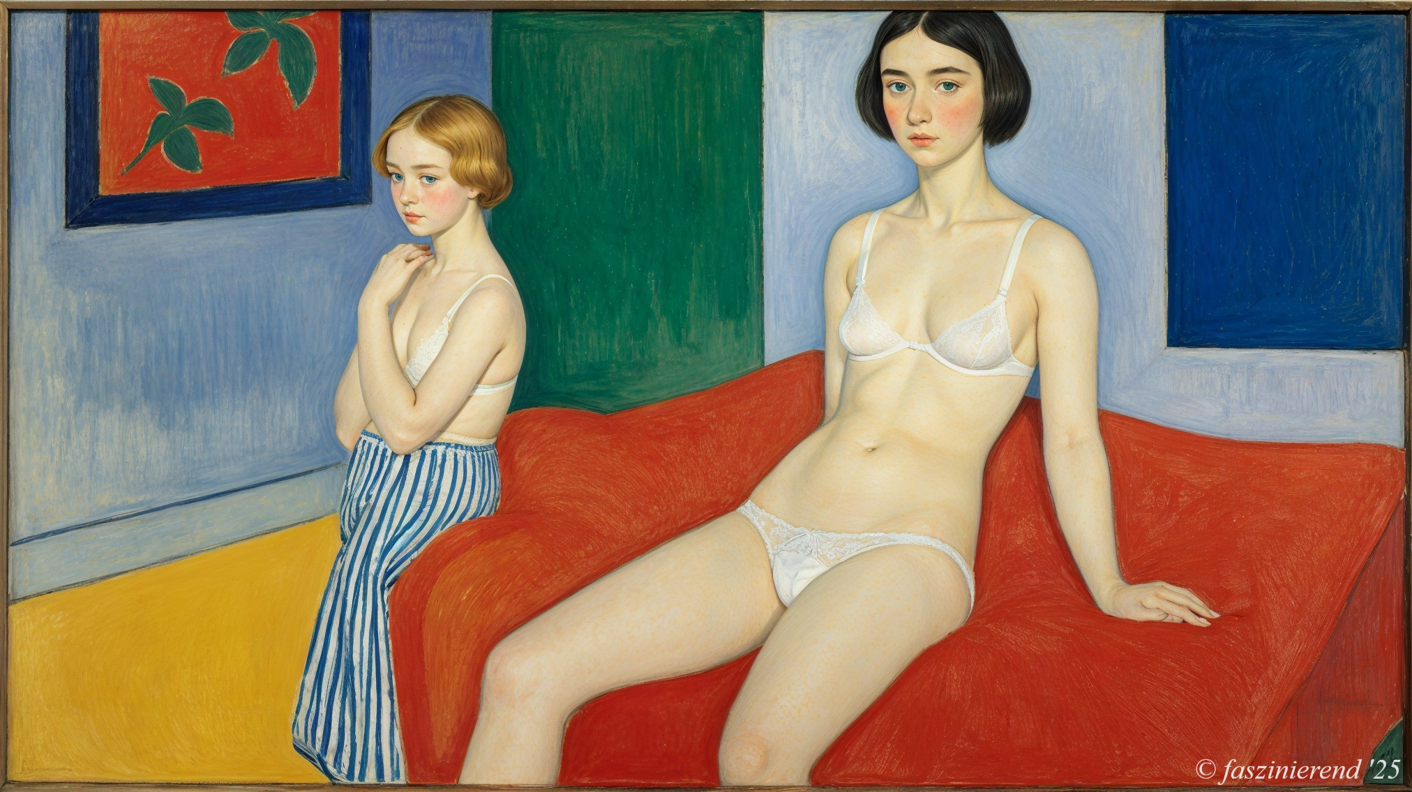 Interior Scene with Two Figures and Colorful Background