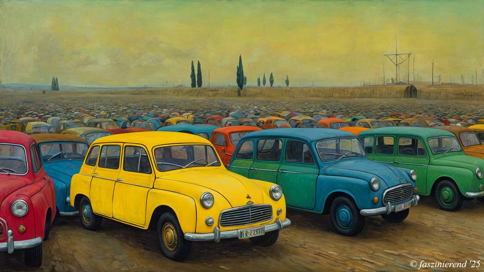 Vintage Cars in a Colorful Parking Lot Scene