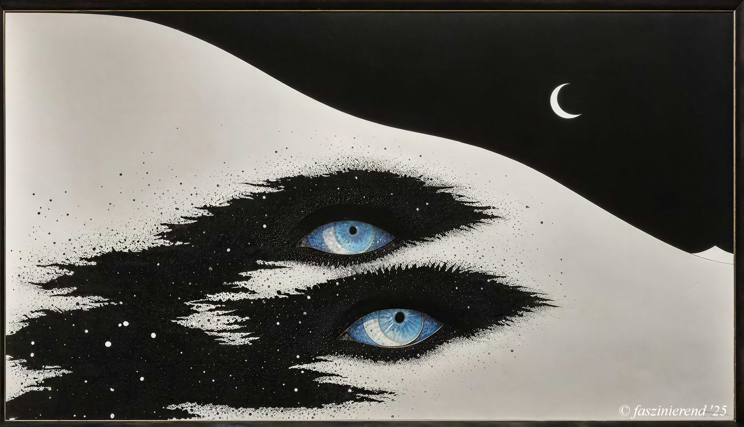 Surreal Black and White Desert Night Scene with Eyes