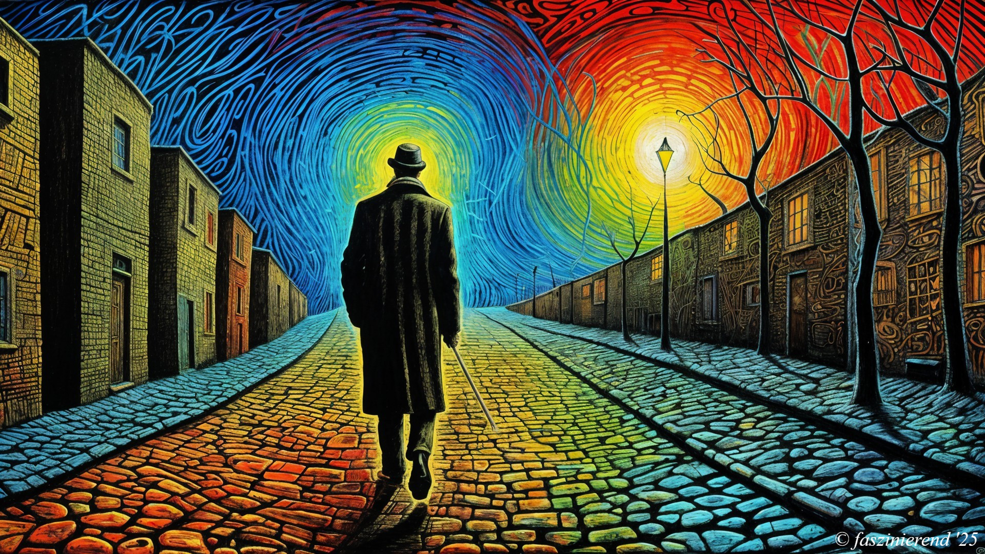 Solitary Figure on Vibrant Cobblestone Street Scene