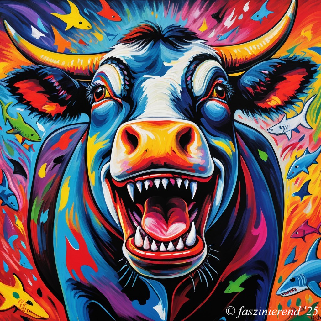 Vibrant Artwork of a Colorful Cow with Fish and Swirls
