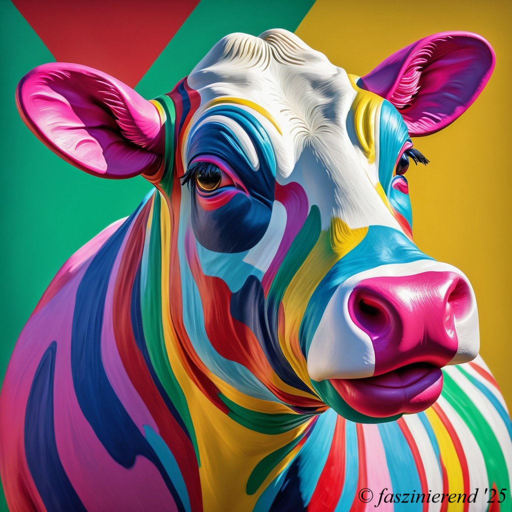 Brightly Colored Cow with Vibrant Stripes and Background