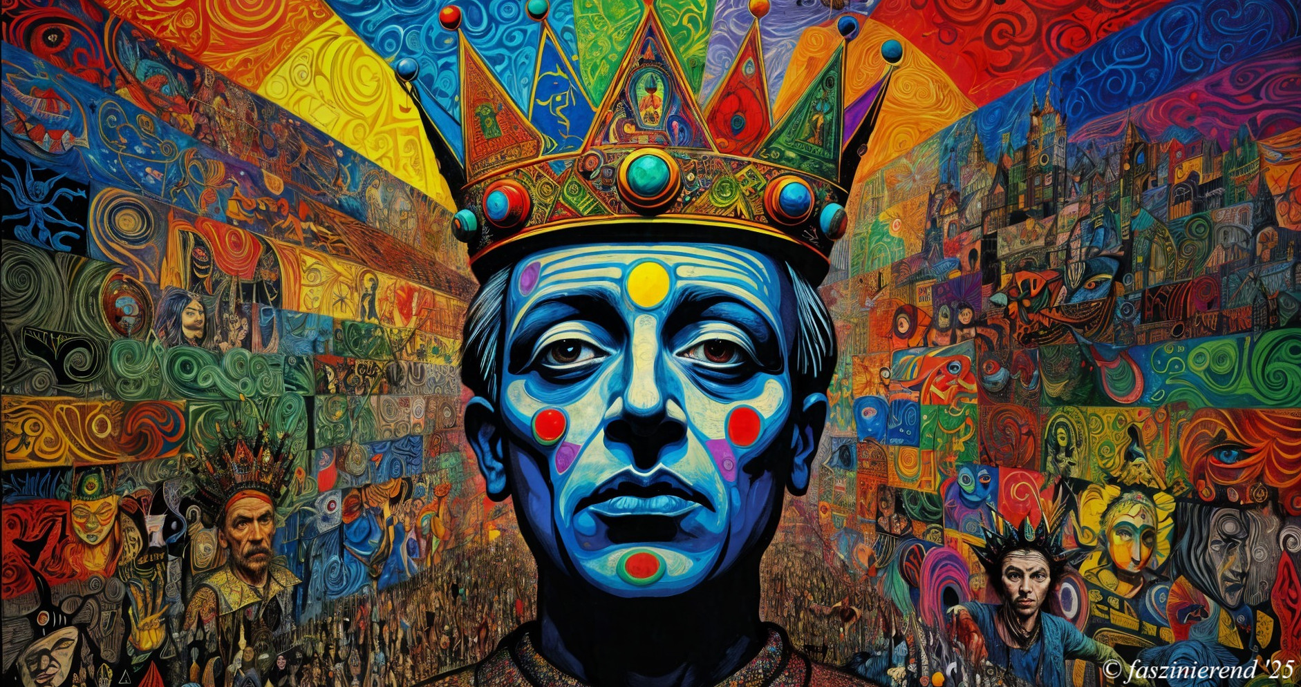 Portrait of a king with ornate crown and vibrant colors